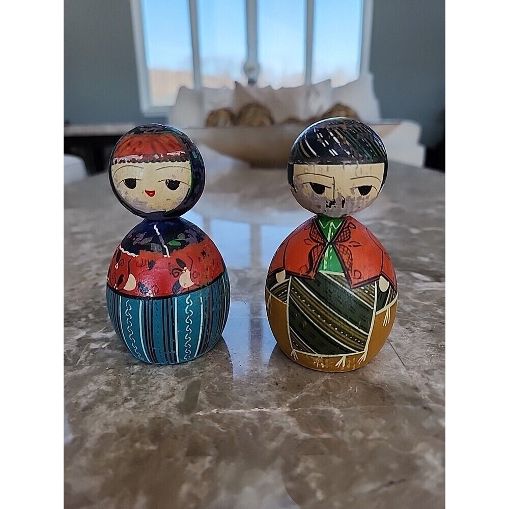 Vintage Painted Wooden Dolls. Pair